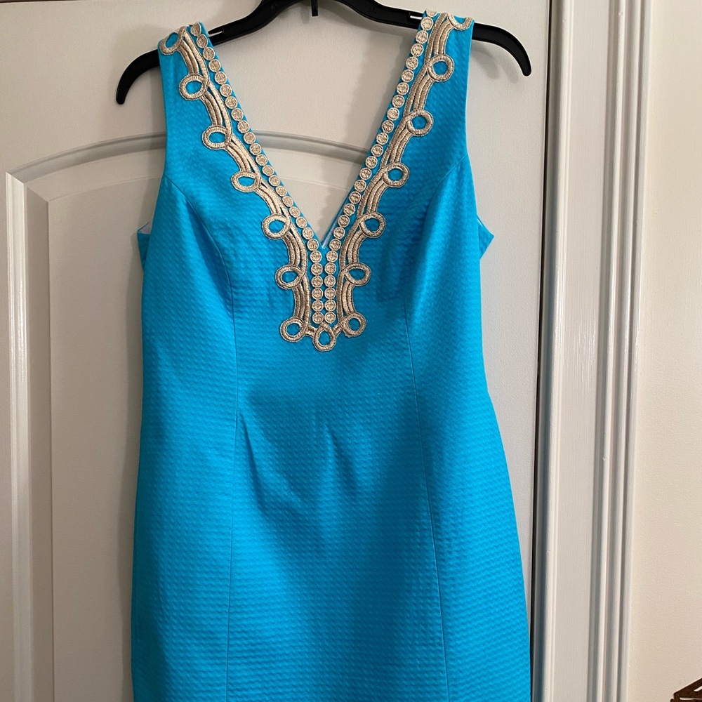 Lilly Pulitzer peacock blue pique dress/gold trim size 6